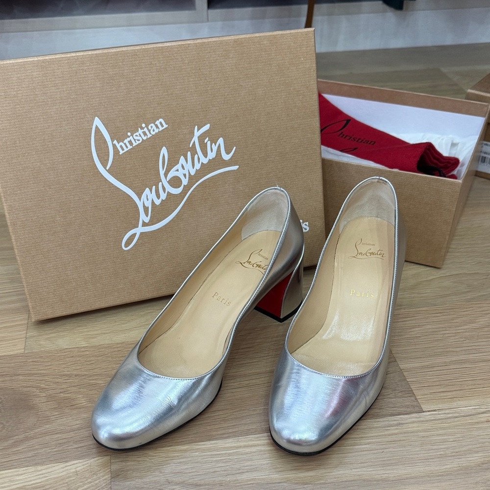 Christian Louboutin Miss Sab 55mm Heels – Metallic Silver – Size 38